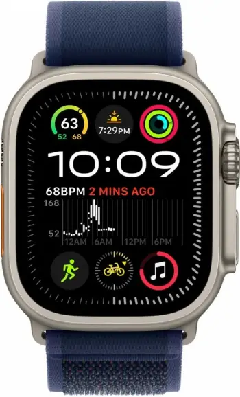 Apple Watch 49mm Loop, Blue/Bright Blue Trail Loop, S/M, Natural Titanium Finish