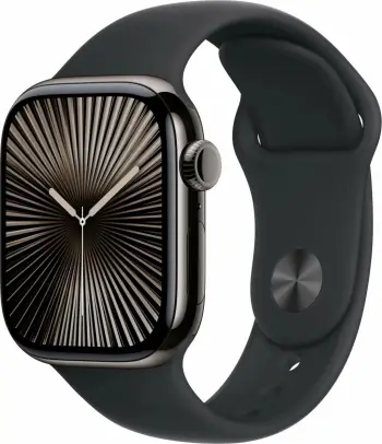 Smartwatch Apple Watch Series 10, 64 GB, GPS + Cellular, 42mm, Kasë titani, Rrip sportiv i zi