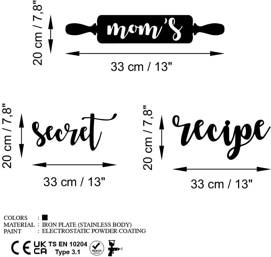 Aksesor dekorativ metalik për mur, receta sekrete e nanës, 3 copë - 1