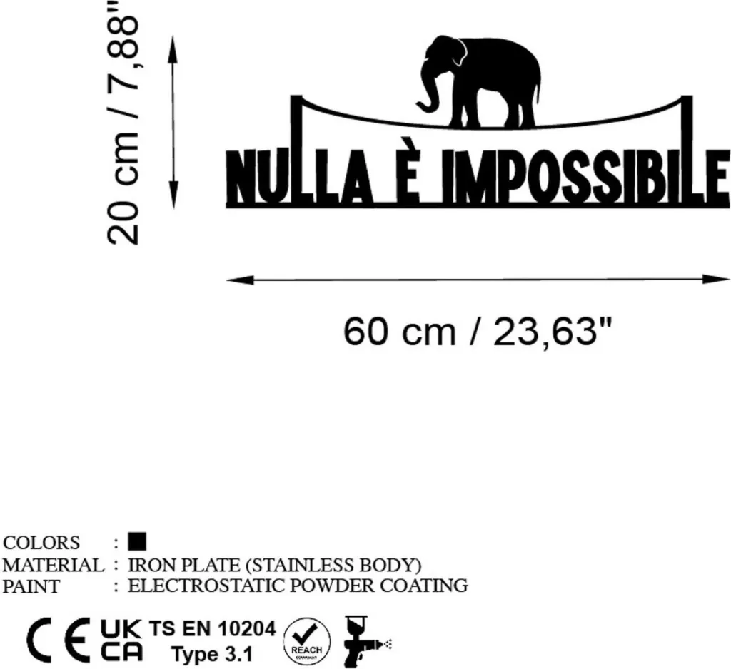 Aksesor dekorativ metalik për mur, Nulla è Impossible 1, ngjyrë e zezë, 60x20cm - 1