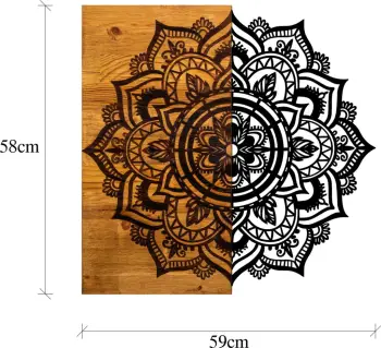 Aksesor dekorativ për mur, dru dhe metal, Mandala 6, ngjyrë arre dhe e zezë, 59x3x58cm