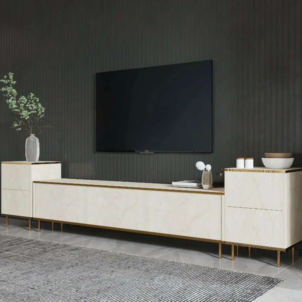 Komodë TV Hanah Home, Canaz, ngjyrë ari dhe travertin - 2