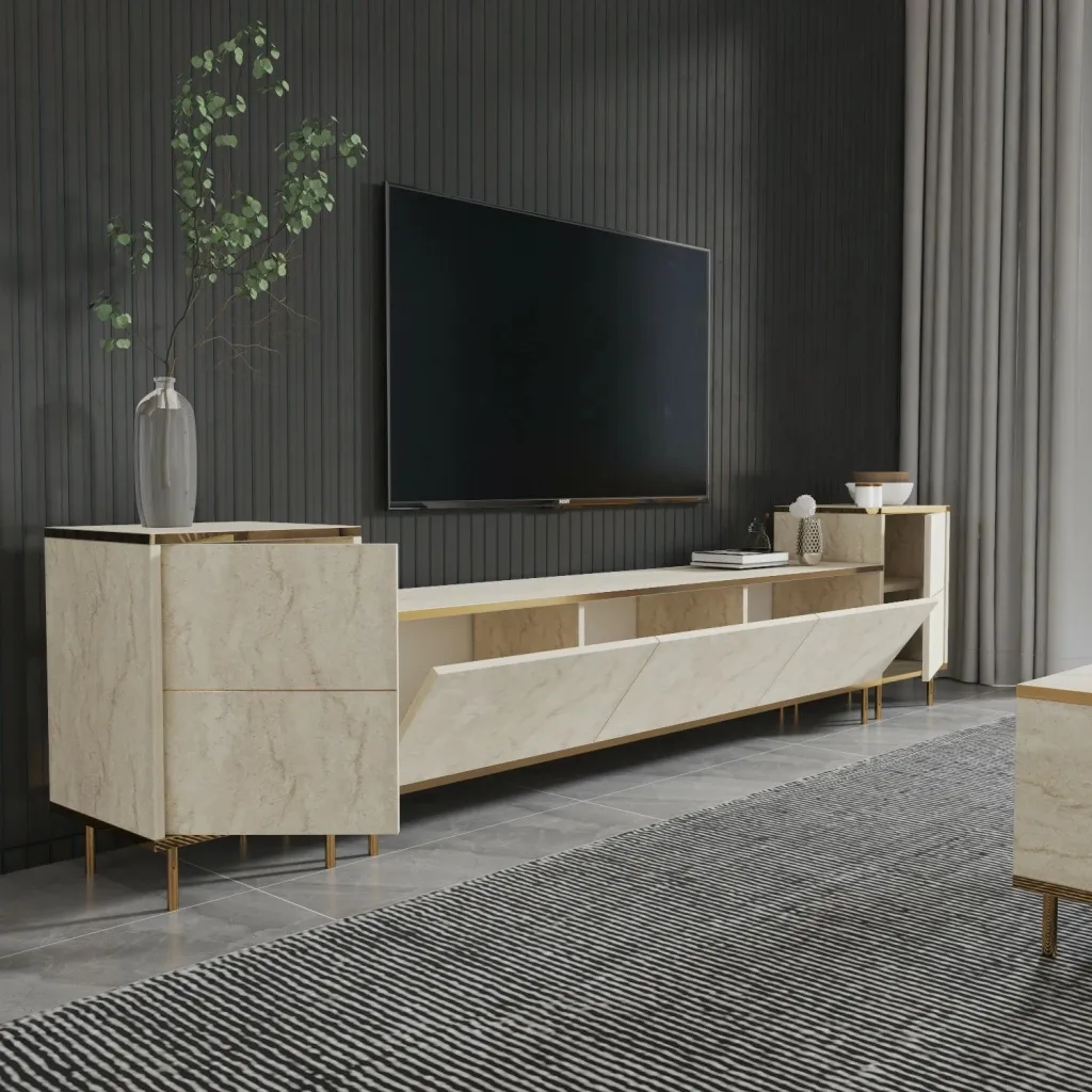 Komodë TV Hanah Home, Canaz, ngjyrë ari dhe travertin - 3