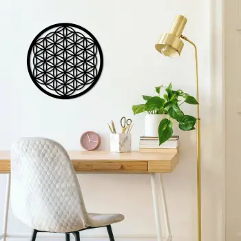 Aksesor dekorativ metalik për mur, Flower Of Life, ngjyrë e zezë, 48x48cm