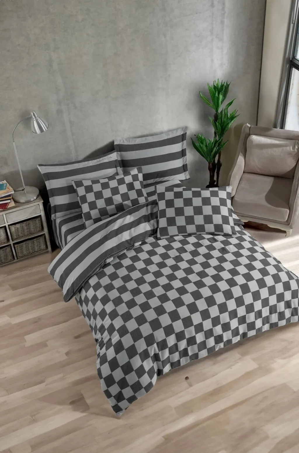 Set mbulesë për jorgan dopio, saten, vija, ngjyrë e zezë - 1