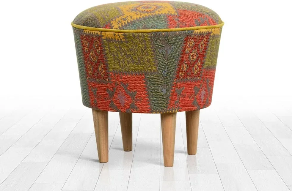 Puf Patchwork Bohemian, këmbë druri, shumëngjyrësh, 42x42cm - 2