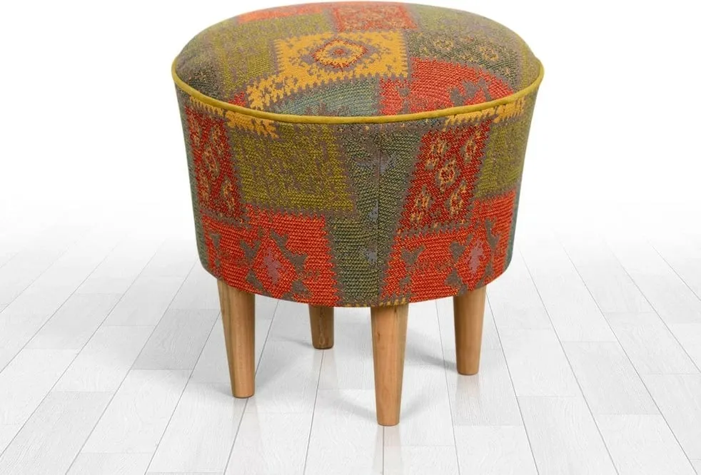 Puf Patchwork Bohemian, këmbë druri, shumëngjyrësh, 42x42cm - 3