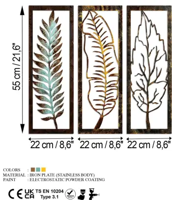 Aksesor dekorativ metalik për mur, Wallity, gjethe, set prej 3 copash, 55x22x1.5cm