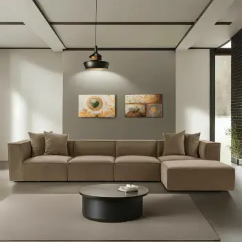 Këndore Sora me pouffe, kornizë druri, pëlhurë lino, kafe, 350x65x190cm
