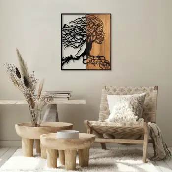 Aksesor dekorativ për mur, dru dhe metal, ngjyrë e zezë dhe arre, Wallity, pemë grua, 50x3x58cm