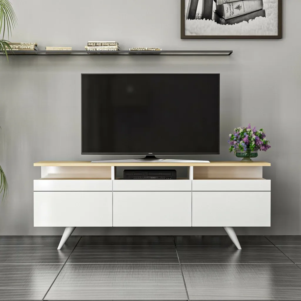 Komodinë për TV Berlin 150, lis, bardhë - 1