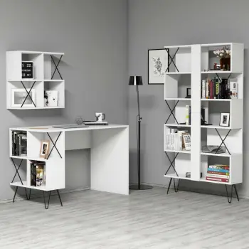 Tavolinë Studimi me Librari Extra 2, bardhë, zezë