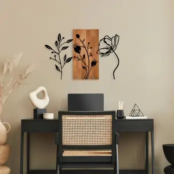 Aksesor dekorativ për mur, dru dhe metal, lule të trefishta, ngjyrë arre dhe e zezë, 58x86cm