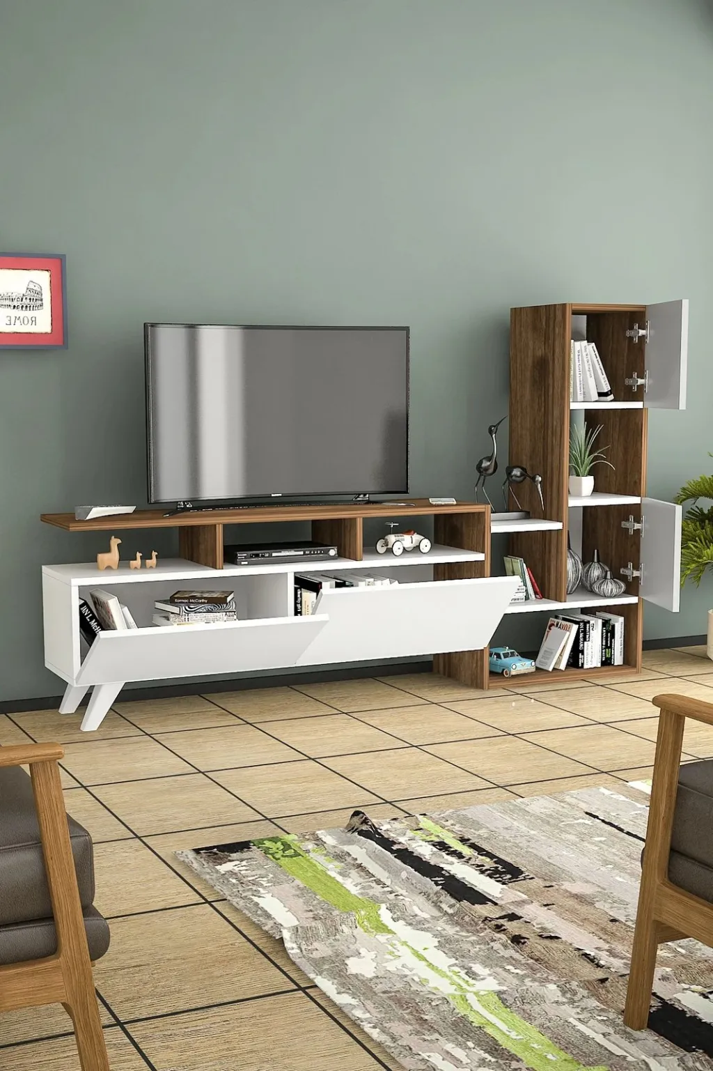 Komodinë për TV Ecrin, bardhë, arrë - 2