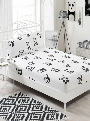 Set çarçafësh dopio, panda, ngjyrë bardh e zi