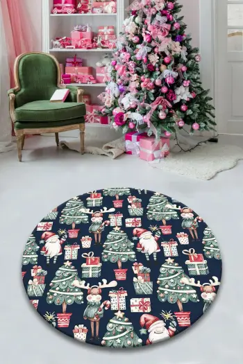 Qilim i rrumbullakët, motive festive, ngjyrë kaltër e errët, e gjelbër dhe e kuqe, 100x100 cm