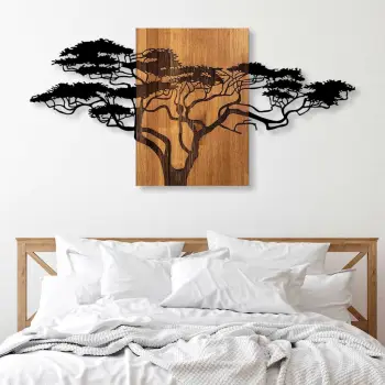 Aksesor dekorativ për mur, dru dhe metal, motiv peme akacie, ngjyrë e zezë dhe arre, 144x3x70cm