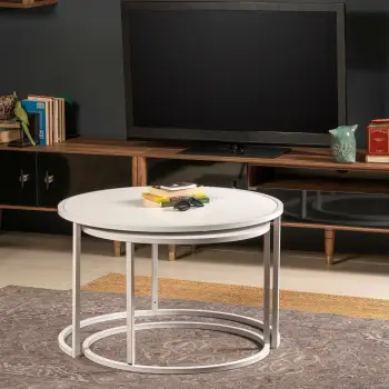 Set tavolinash të mbivendosura Hanah Home, model Tambur, të bardha (2 copë)