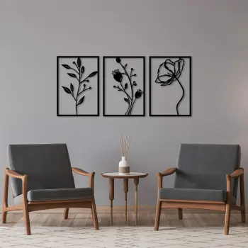 Aksesor dekorativ metalik për mur, lule, 3 copë, Wallity, 49x70cm, ngjyrë e zezë