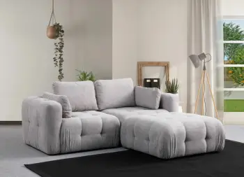 Kënd divan Atelier del Sofa Amaris, 2 vende me pouffe, ngjyrë gri e çelët