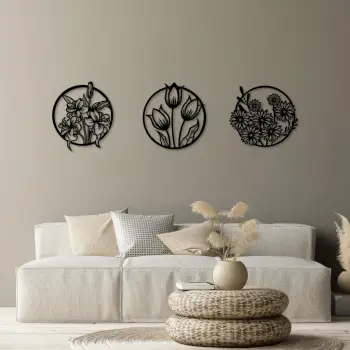 Aksesor dekorativ metalik për mur, lule, 273 M, set prej 3 copash, ngjyrë e zezë, 50x57cm