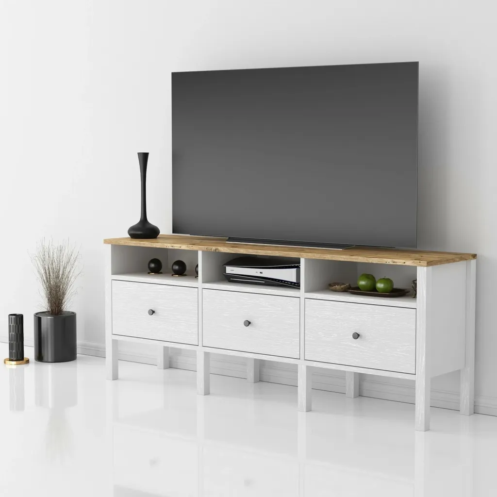 Komodinë për TV FRN, druri, bardhë - 1