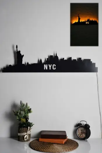 Dritë dekorative LED, silueta NYC, MDF i zi, ndriçim i verdhë, 80x24cm