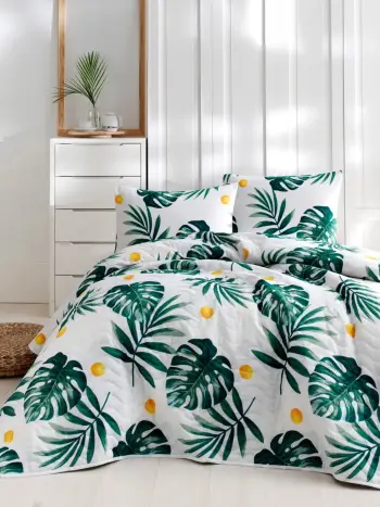 Set mbulesë dysheku dopio, Kapitone Monstera, ngjyrë e bardhë, e gjelbër, e verdhë