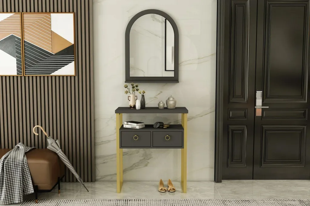 Komodë me pasqyrë, ngjyrë antracit dhe ari, Hanah Home, Mipa Mirrored - 2