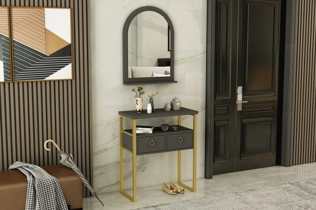 Komodë me pasqyrë, ngjyrë antracit dhe ari, Hanah Home, Mipa Mirrored - 3
