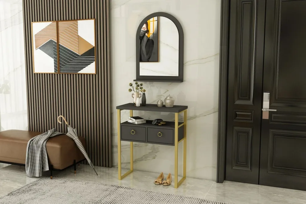 Komodë me pasqyrë, ngjyrë antracit dhe ari, Hanah Home, Mipa Mirrored - 4