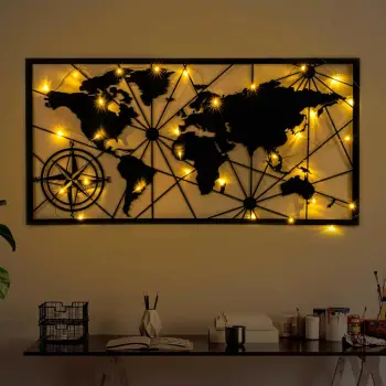 Aksesor dekorativ metalik për mur, hartë bote me LED, Wallity 452, ngjyrë e zezë, 60x120cm