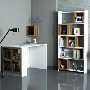 Tavolinë Studimi me Librari Box, bardhë, arrë