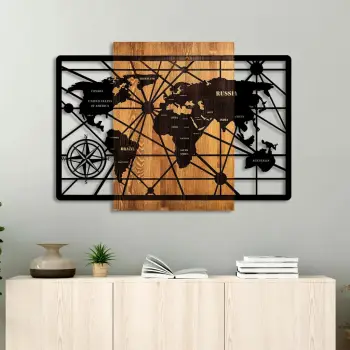 Aksesor dekorativ muri prej druri, hartë bote, Wallity, 6-L, ngjyrë arre dhe e zezë, 70x96cm
