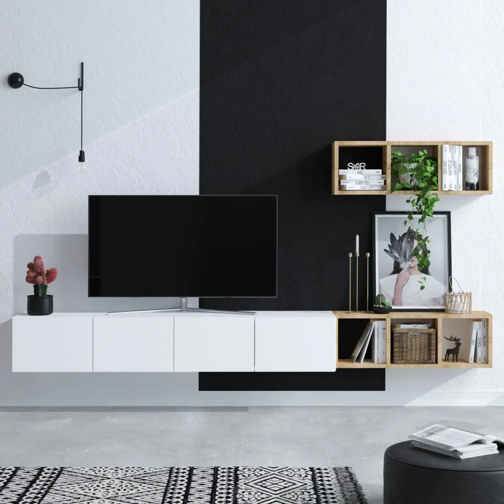Konsolë TV Hanah Home, Pıa, e bardhë dhe lis, me rafte - 1