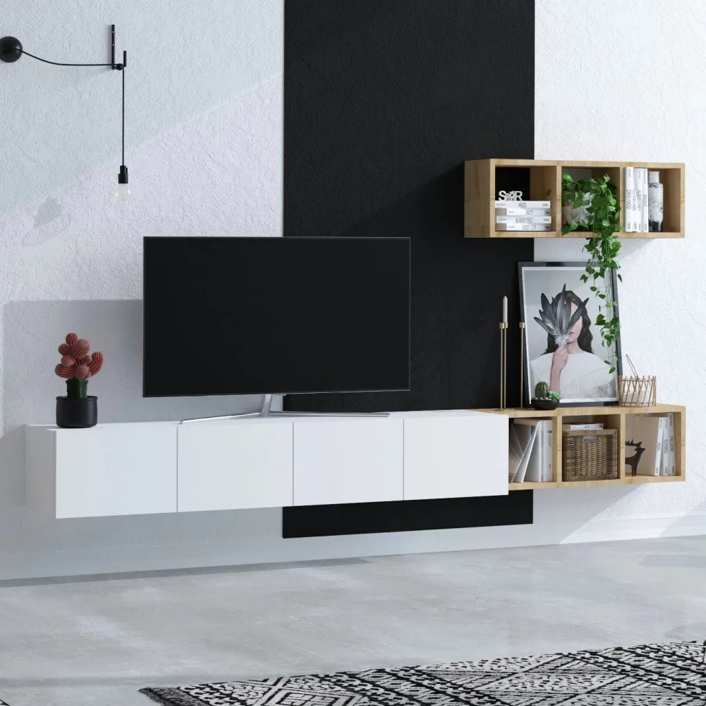 Konsolë TV Hanah Home, Pıa, e bardhë dhe lis, me rafte - 2