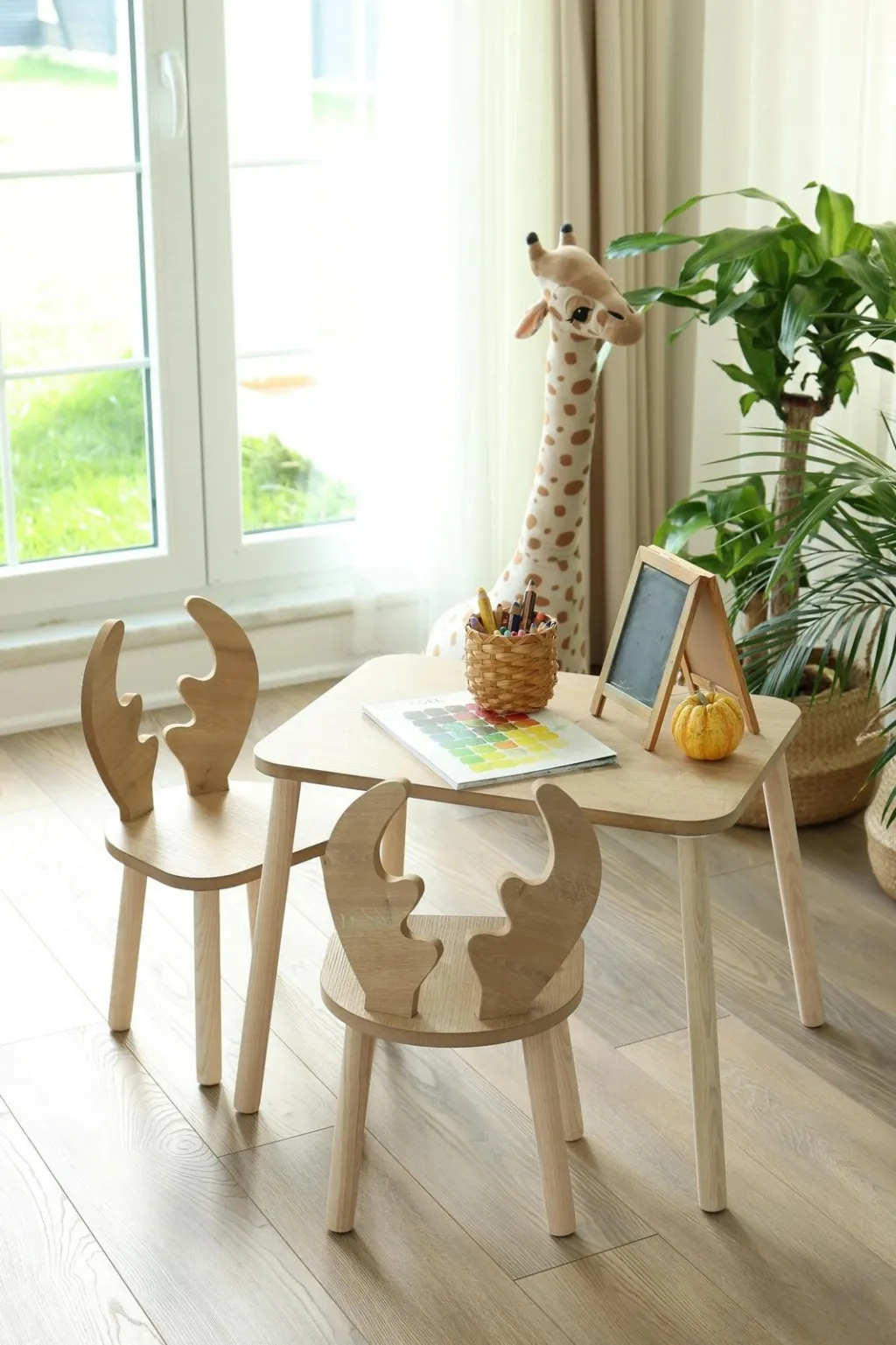 Set Tavoline për Fëmijë Deer Two Chair Set, kafe - 3