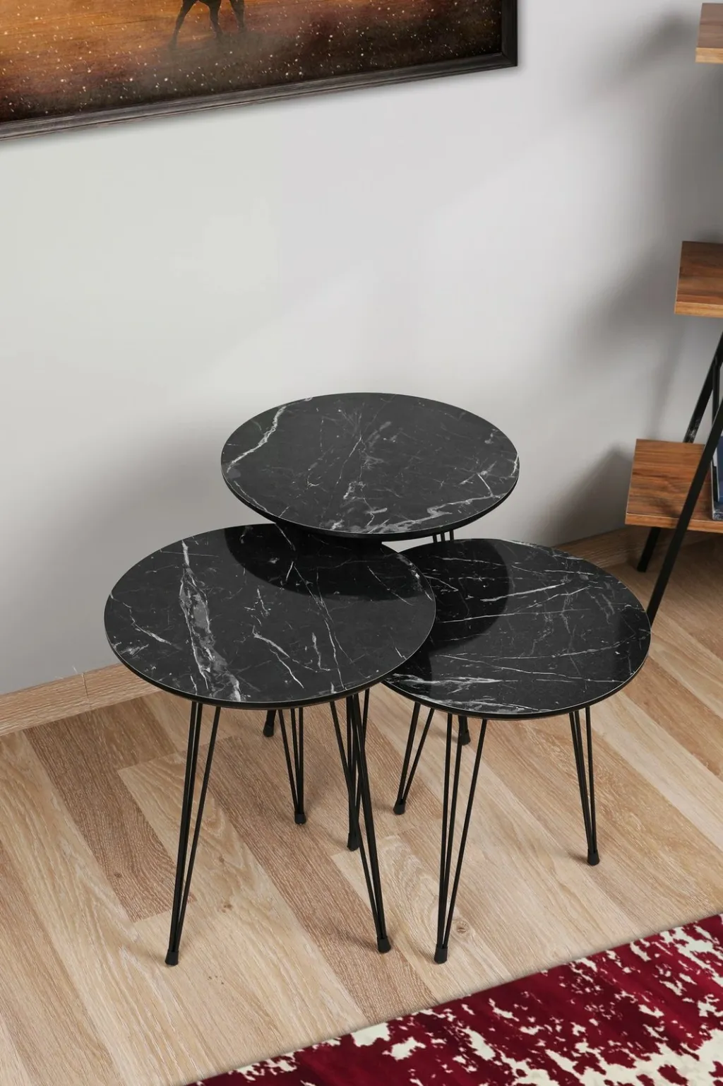 Set tavolinash ndihmëse, model mermeri i zi, 3 copë, Hanah Home - 1