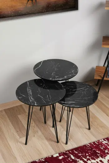 Set tavolinash ndihmëse, model mermeri i zi, 3 copë, Hanah Home