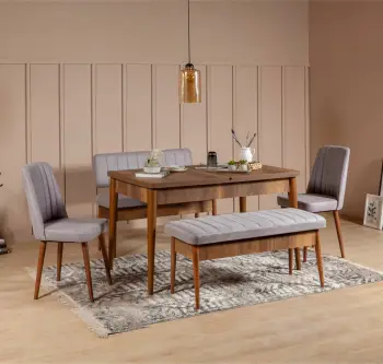 Set tavolinë me karrige, zgjatues, 5 pjesë, Hanah Home, ngjyrë arre, Soho gri