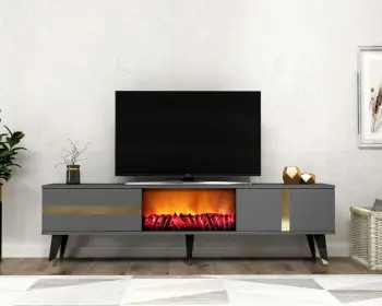 Komodinë për TV Vania Fireplace, antracit, artë