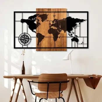 Aksesor dekorativ për mur, hartë bote, dru dhe metal, ngjyrë arre dhe e zezë, 70x121cm