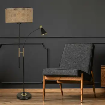 Llambë dyshemeje Opviq Forza, ngjyrë wicker, abazhuri cilindrik rattan