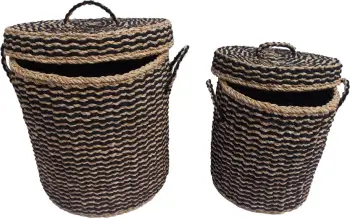 Set shporta DAMAN me kapak, 2 copë, 44x44x45cm, kashtë deti, natyrale/zezë