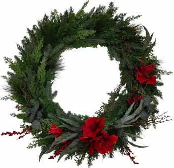 Kurorë Krishtlindjesh me 100 manaferra të kuqe, me mistletoe, 100x100cm, polifomë, PVC, ngjyrë e gjelbër dhe e kuqe