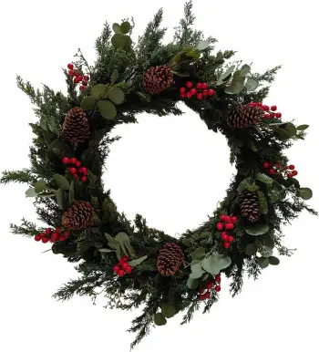 Kurorë Krishtlindjesh me manaferra të kuqe, me mistletoe, 90x90cm, jeshile-kuqe