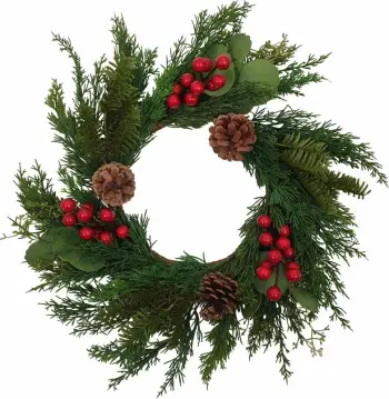 Kurorë festive me manaferra të kuqe, me mistletoe, 45x45cm, jeshile-kuqe, polyfoam-PVC