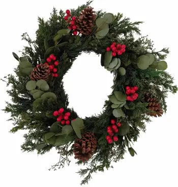 Kurorë Krishtlindjesh me manaferra të kuqe dhe mistletoe, 75x75cm, jeshile-kuqe