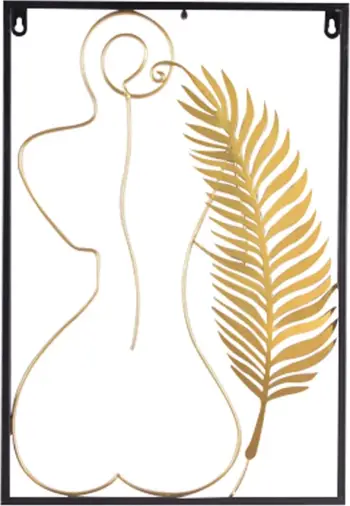 Dekor murale metalike, formë abstrakte femre dhe gjethe palme, ar dhe e zezë, 38x2x55cm