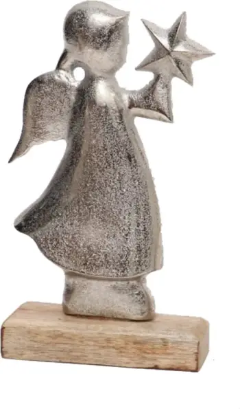 Dekor për Krishtlindje, engjëll me yll, alumin argjendi, dru mango natyral, 5x10x18cm